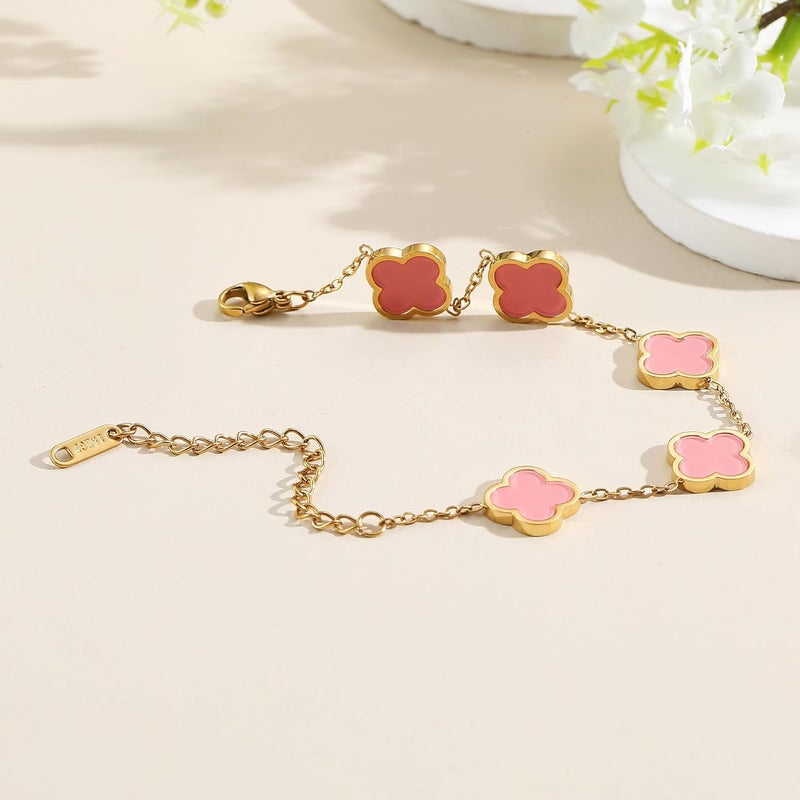 AIPPK 18K Gold Plated Clover Lucky Bracelet for Women White/Black/Red/Green Flower Four Leaf Link Bracelets Trendy Jewelry Gifts for Women - Image 3